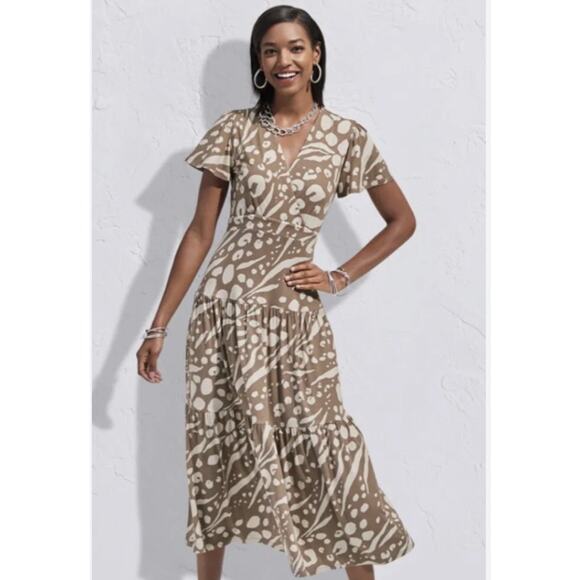 CAbi 6147 Tiered Faux Wrap Swoon Dress Women S Tan Printed Summer Chic Modern - Picture 1 of 8